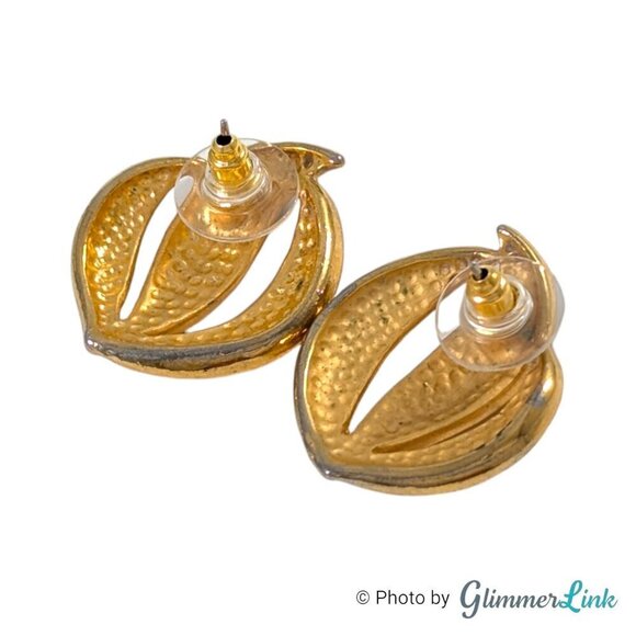 Vintage 80s Navy & Cream Enamel Feather Wave Gold Tone Stud Pierced Earrings - Picture 7 of 8